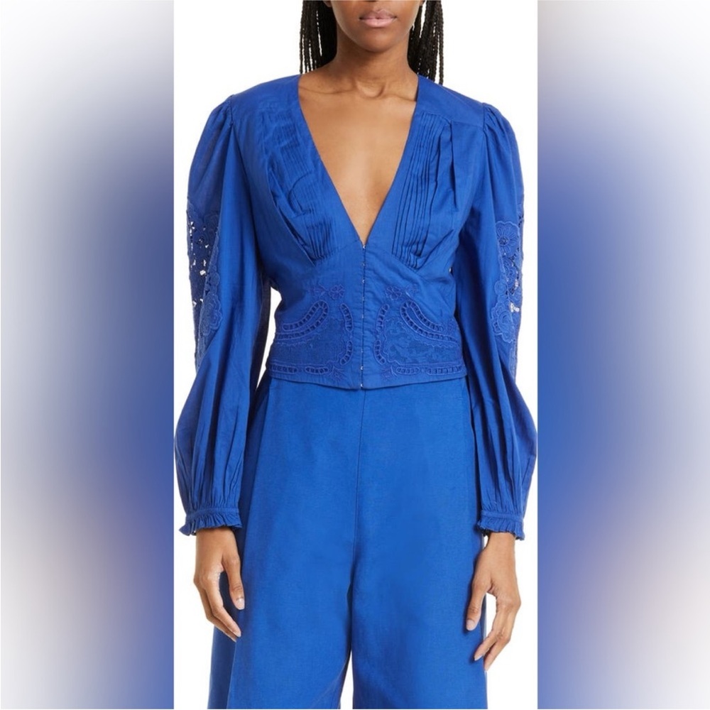 Farm Rio Blue Pleated Embroidered Cotton Top blue longsleeve
